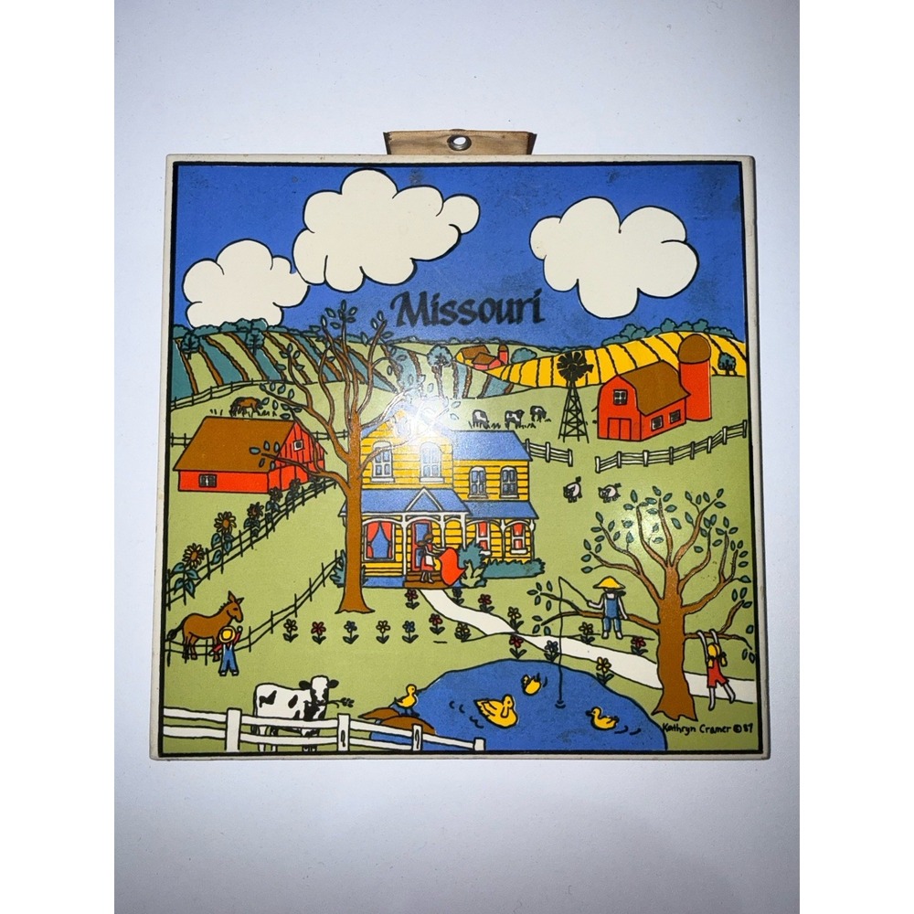 Vintage Kathryn Cramer Wisconsin Tile Trivet Farm Art Tile w Wooden Frame‎ 1980s